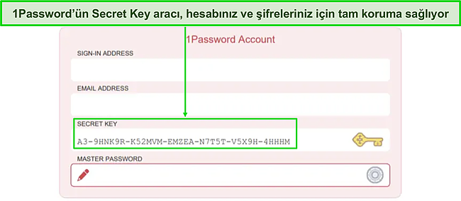 1Password'ün Gizli Anahtar hesabı giriş sayfasının ekran görüntüsü.