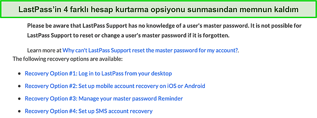 LastPass'in hesap kurtarma seçeneklerinin ekran görüntüsü.