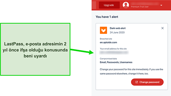 LastPass'in karanlık web uyarısının ekran görüntüsü.