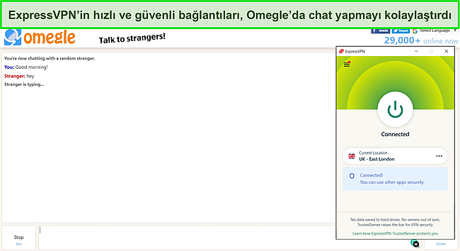 Arka planda etkin bir Omegle sohbeti ile Birleşik Krallık sunucusuna bağlı ExpressVPN'in ekran görüntüsü.