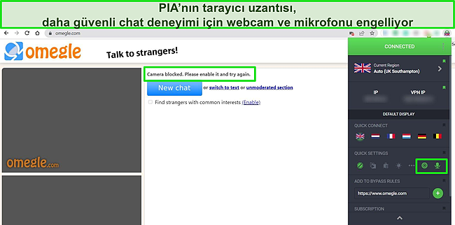 Mikrofon ve web kamerası özellikleri engellenmiş bir İngiltere sunucusuna bağlı PIA'nın Chrome tarayıcı uzantısının ekran görüntüsü, Omegle arka planda da web kamerası ve mikrofonun engellendiğini gösteriyor.