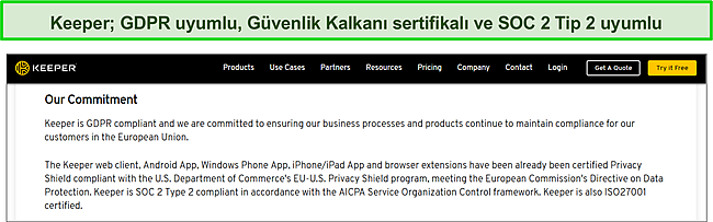 Keeper'ın Gizlilik Kalkanı sertifikası ve SOC 2 Tip 2 ve GDPR uyumluluğu.