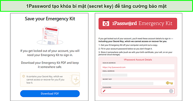 Bộ khẩn cấp của 1Password với chìa khóa bí mật.