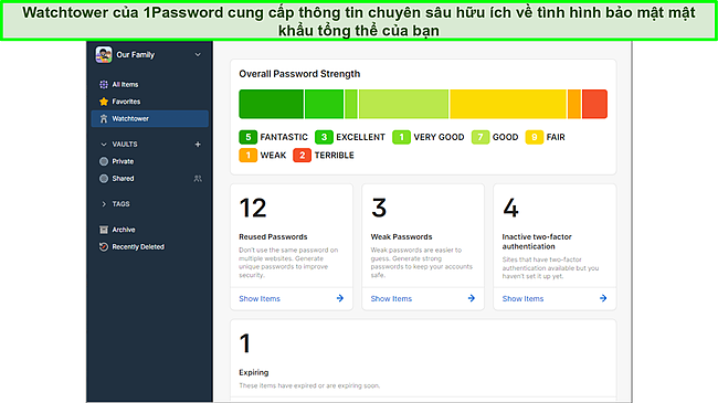 Sử dụng Tháp canh của 1Password để theo dõi bảo mật mật khẩu.