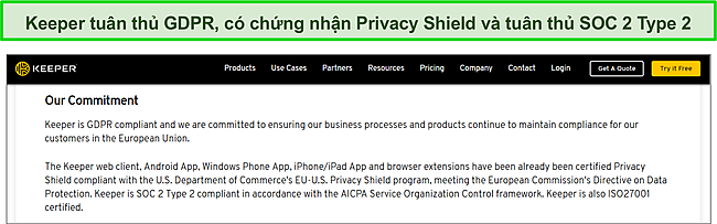 Chứng nhận Bảo vệ quyền riêng tư của Keeper và tuân thủ SOC 2 Loại 2 và GDPR.