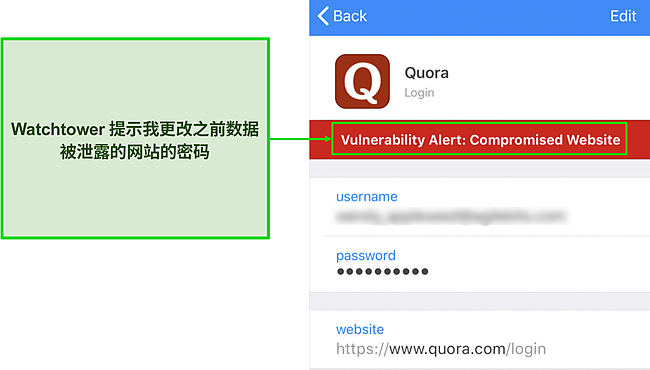 1Password 的 Watchtower 检测到受感染网站的屏幕截图。