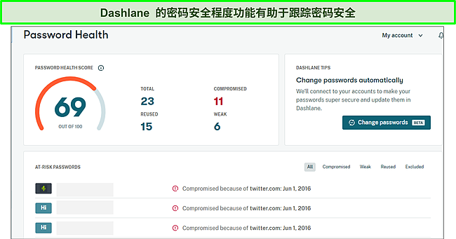 Dashlane 的密码健康功能正在发挥作用。