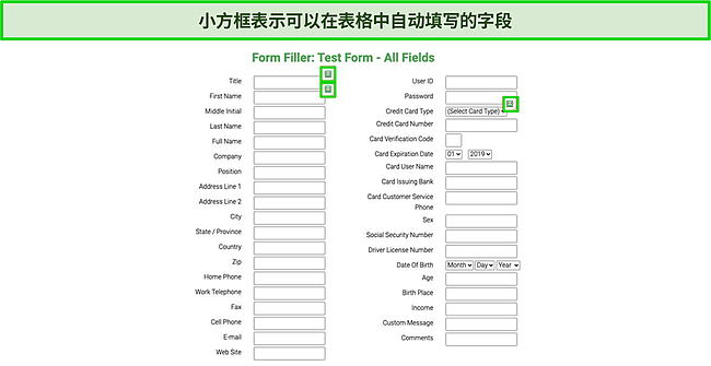 由 Roboform 的自动填充功能自动填充的测试表格的屏幕截图。