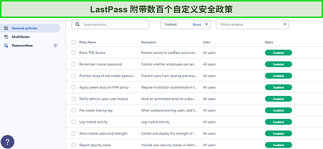 LastPass 一般政策仪表板的屏幕截图。