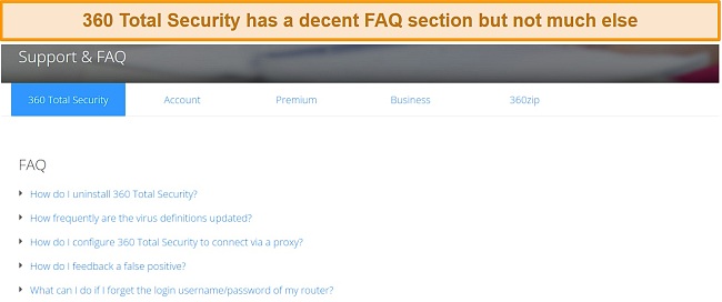 FAQ section on 360 Total Security's website