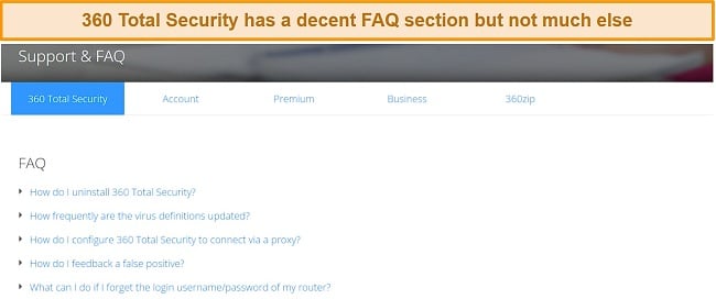 FAQ section on 360 Total Security's website