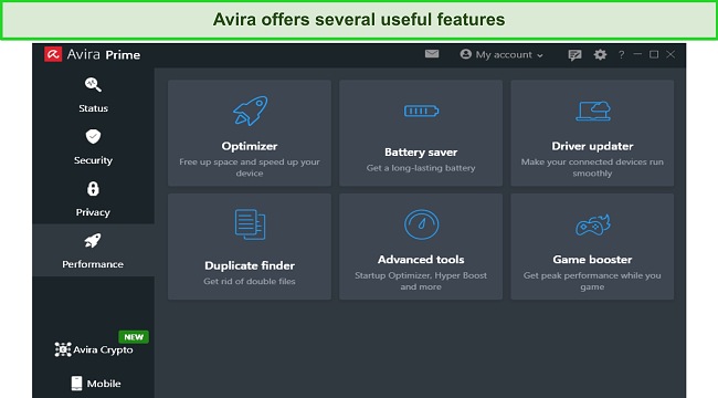 Avira's variety of additional features