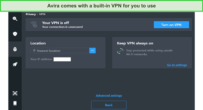 Avira's built-in VPN