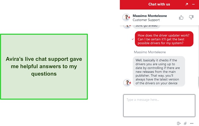 Conversation with Avira's live chat support