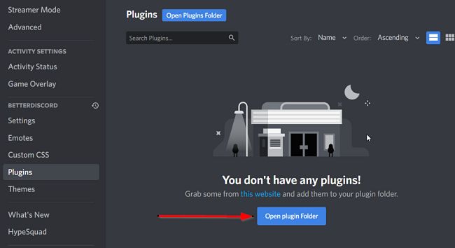 Schermata del pulsante della cartella dei plug-in aperti di BetterDiscord