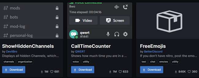 Screenshot stránky s pluginy ke stažení BetterDiscord