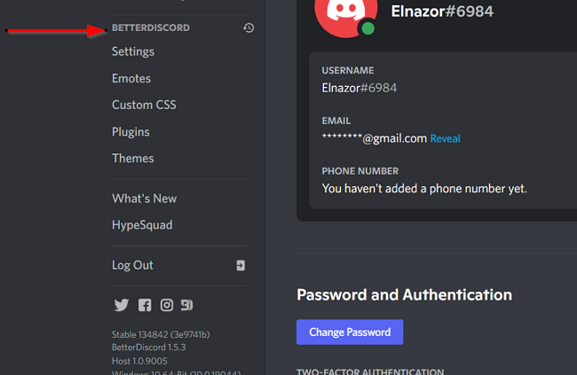 Schermata del profilo delle impostazioni di BetterDiscord