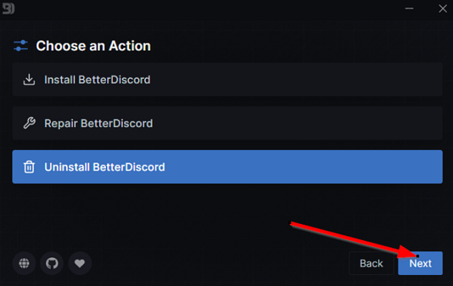 Екранна снимка на следващия бутон за деинсталиране на BetterDiscord