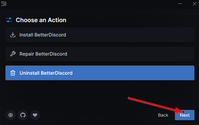 BetterDiscord avinstaller skjermbilde av neste knapp