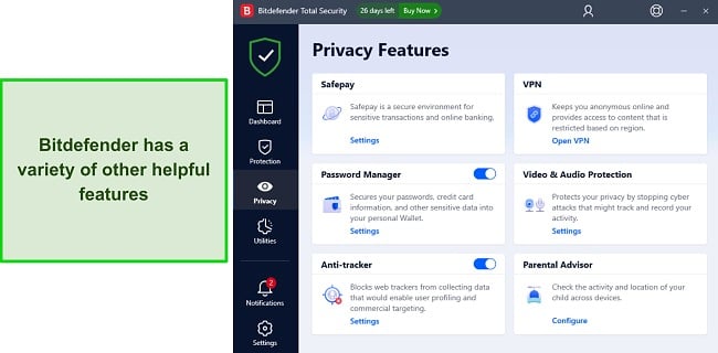 Bitdefender's variety of additional features