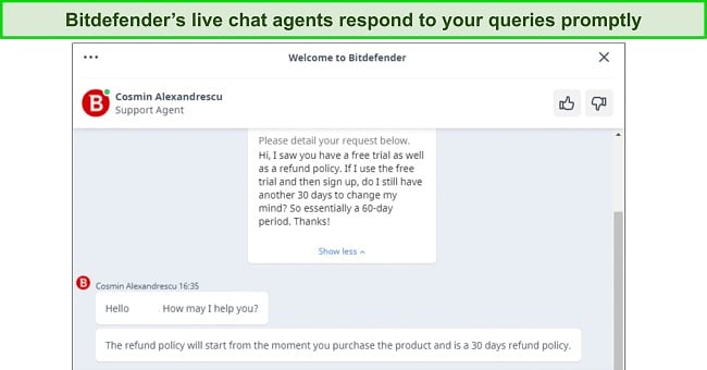 Screenshot of Bitdefender's live chat support