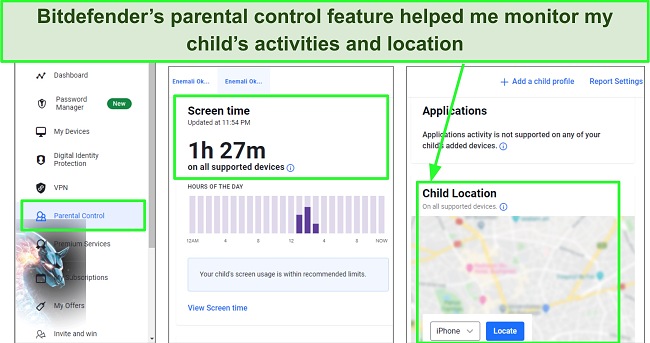 Screenshot of Bitdefender parental control dashboard