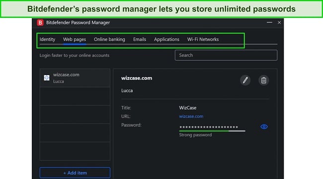 Screenshot of the Bitdefender password manager's vault