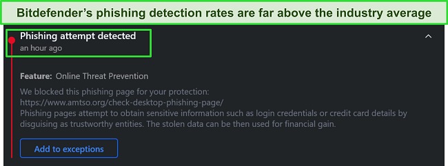 Screenshot of Bitdefender blocking phishing attempt