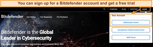 Screenshot of Bitdefender homepage showing signup button