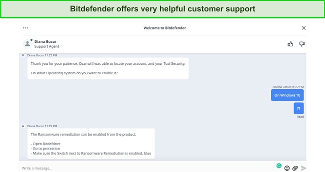 Conversation with Bitdefender's live chat support