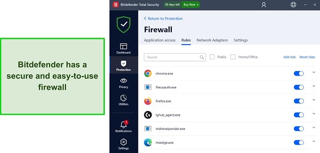 Bitdefender's firewall interface