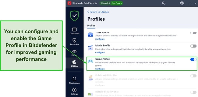 Enabling Bitdefender's Game Profile