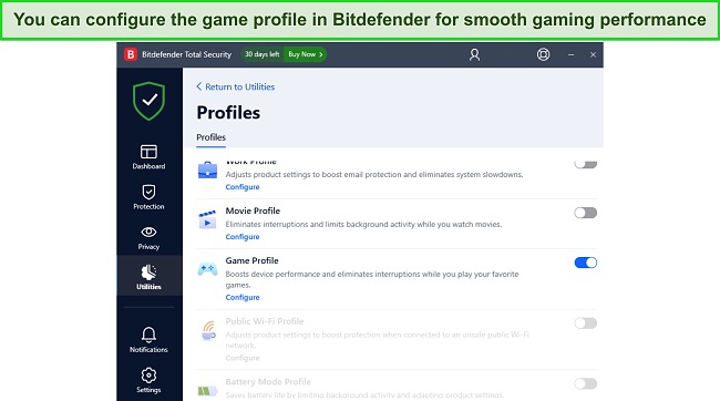 Bitdefender gaming profile