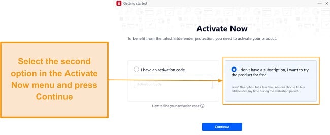 Activating Bitdefender's free trial