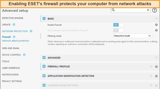 Screenshot of ESET's firewall configuration tab