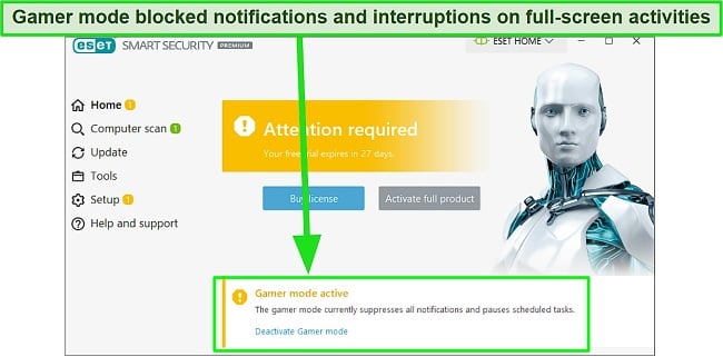 Screenshot of ESET Gamer mode activated