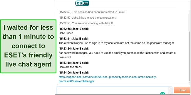 Screenshot of ESET live chat support