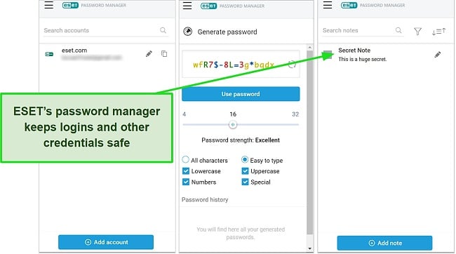 Screenshot of ESET password manager interface