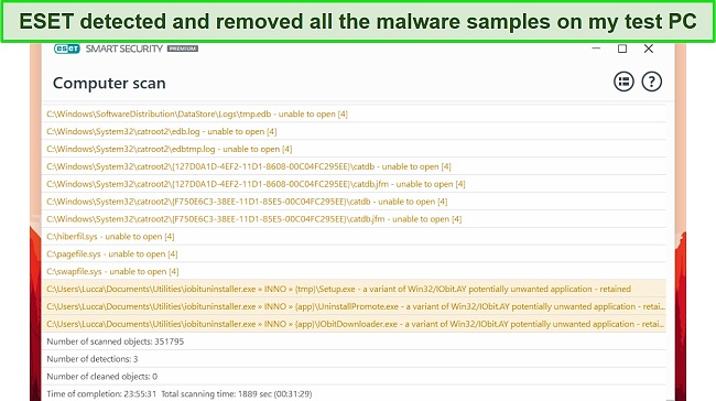 Screenshot of ESET Virus Scanner detecting malware samples