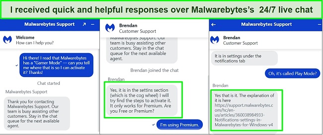 Screenshot of Malwarebytes live chat support