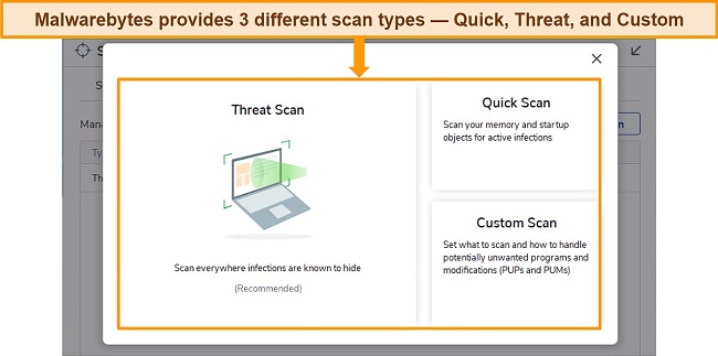 Screenshot of Malwarebytes virus scanning options
