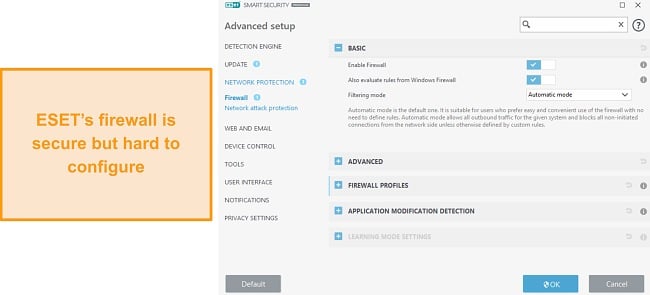 ESET's firewall interface