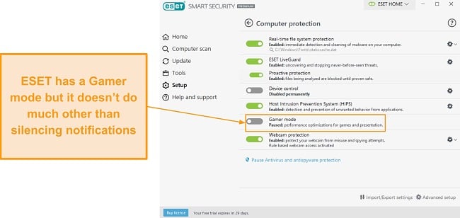 ESET's Gamer mode feature