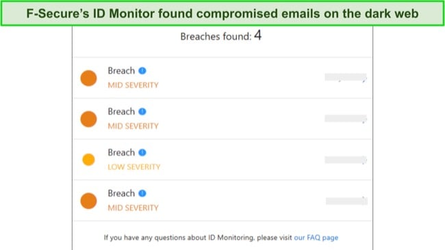 Screenshot of F-Secure ID monitoring results