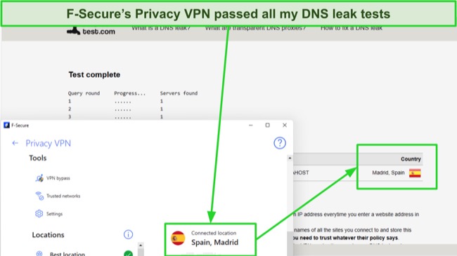 Screenshot of F-Secure DNS leak test results