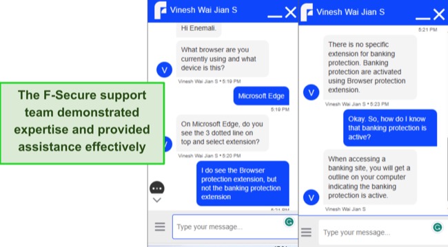 Screenshot of F-Secure live chat support