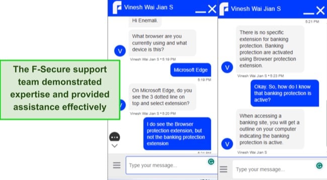 Screenshot of F-Secure live chat support