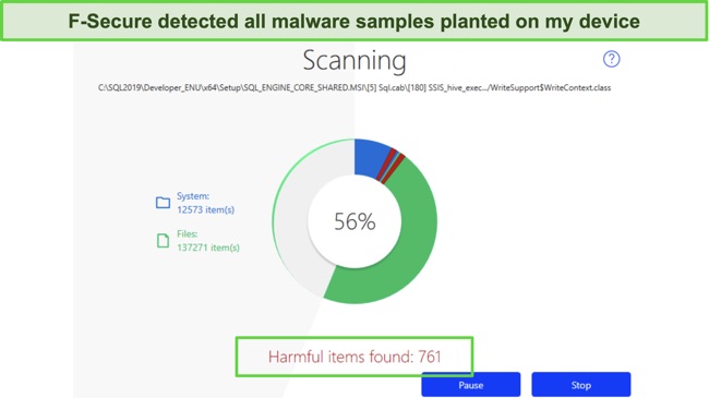 Screenshot of F-Secure malware detection results