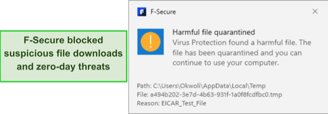 Screenshot of F-Secure real-time protection