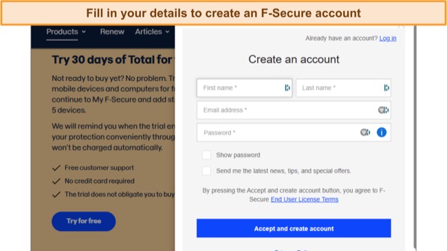 Screenshot of F-Secure sign up page